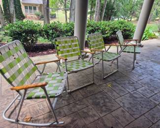#157	4 Vintage Folding Lawn Chairs - 3 Stationary, 1 Rocker	 $75.00 
