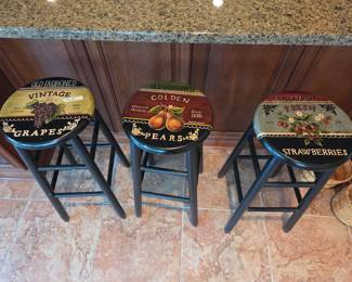 #18	Black Painted Wood Bar Stools w/Decorative Seats - Set of 3 - 13x30	 $60.00 
