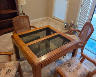 #98	Wood Table w/2 glass inserts & 1 Leaf w/4 Rolling Chairs  - 39x39-59x29	 $150.00 

