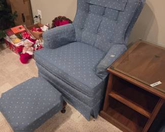 #117	Disque Furn. Co.Button Back  Swivel Rocker Side Chairs - Blue w/Cream Dot w/Foot Stool	 $75.00 
