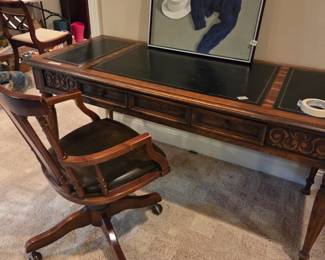 #102	Writing Desk w/leather Top & 1 Drawer w/1 rolling Wood Chair on Wheels  - 62x27x30	 $175.00 
