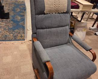#105	Lazy-Boy Slate Blue Rocker Recliner (as is  one arm needs gentle clean)	 $175.00 
