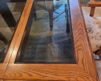 #98	Wood Table w/2 glass inserts & 1 Leaf w/4 Rolling Chairs  - 39x39-59x29	 $150.00 

