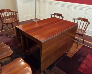 #1	Monitor Furn. Co. Wood Drop Side Table w/3 Leaves & 6 Chairs (2 captains Chairs ) 30-112x44x28	 $275.00 
