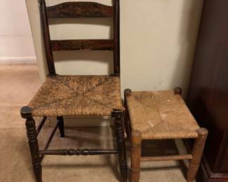 Rush bottom chair and stool