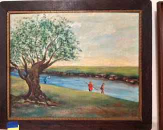 Framed and signed fishing painting
