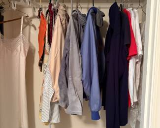 Women’s clothing, jackets, shirts & miscellaneous in bedroom closet