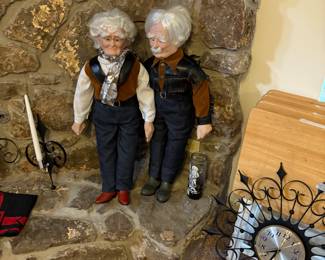 Grandma & Grandpa figures - ceramic faces - really life like!   Weber clock in ornate metal surround & includes the matching candelabras!