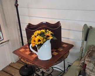 Checker board, Crockery, dark wood magazine holder, throw pillows, seat cushions, lamps, lamp shades. 