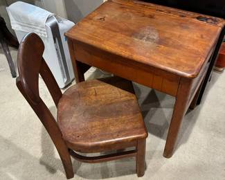 Antique Wooden School Desk And Chair