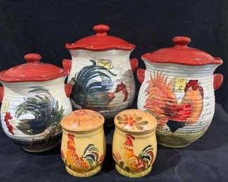 Rooster Ceramic Canisters And Salt And Pepper Shakers