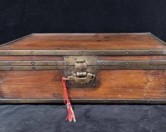 Asian Wooden Chest With Brass Accents And Lock