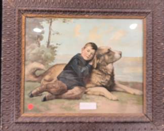 Antique Dog with Boy Framed Print