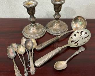 Weighted Sterling Candlesticks And Collectible Spoons