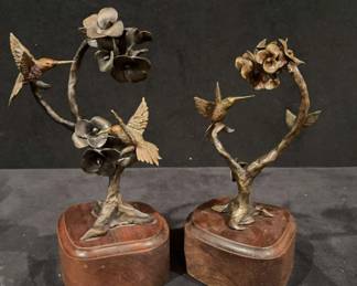 Signed Metal Hummingbird And Flower Scupltures Signed