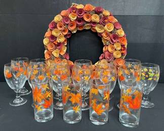 CT518Autumn Leaves Glassware And Wreath