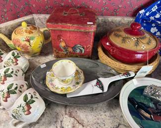 Mugs, Tea Kettle, Red Stoneware Bean Pot
