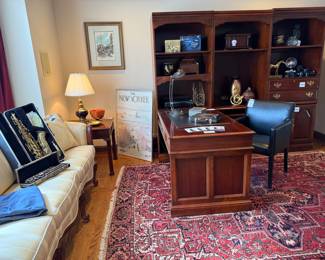 Ethan Allen Louis XV Style Sofa, Ties, Music Equipment, Wooden Side Table, Decorative Lamp, L-Shape Desk Unit, Crate & Barrel Chair