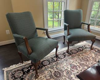 Matching Clawfoot Queen Anne Style Upholstered Armchairs 