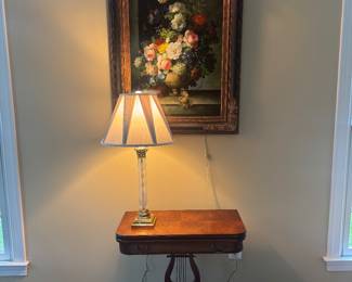 Framed Original Oil on Canvas Floral Still Life Signed Hines (45"H x 34"W) with Lexington Furniture Lyre Game Table (30"W x 15"/30"D x 28"H)