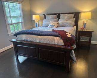 Queen Size Bed Frame (Mattress, Bedding & Lamps Not For Sale) with 1 Drawer End Tables (22"W x 18"D x 28"H / Pair)