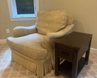 Thomasville Upholstered Armchair (40"W x 42"D x 35" Back Height) with 1 Drawer Side Table with Metal Accents (26"D x 14"W x 24"H)