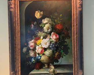 Framed Original Oil on Canvas Floral Still Life Signed Hines (45"H x 34"W)
