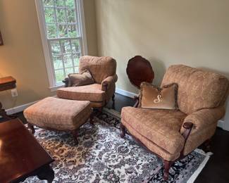 Calico Corners Matching Upholstered Armchairs (36"W x 44"D x 34" Back Height) with Single Ottoman (31"W x 22"D x 17"H)