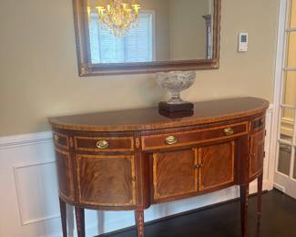 Hickory White - The Masterpiece Collection Inlaid Mahogany Bowfront Sideboard (22"D x 67"W x 40-1/2"H) & Gold Gilt Rectangular Wall Mirror (46"W x 36"H)