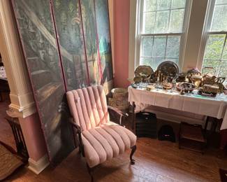 Hand Oil Painted Room Divider /  Vintage Upholstered Shell Back Chair / Decorative Brass Items 