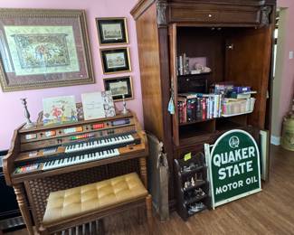 Kimble Organ / Entertainment Center / Vintage Quaker State Motor Oil Advertising Sign