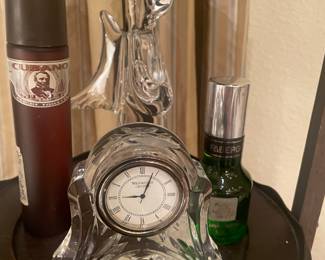 WATERFORD SMALL DESK CLOCK AND MENS COLOGNE  ETC  