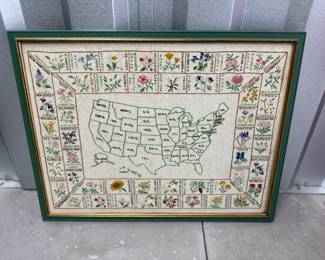 $300 Rare Crewel Embroidered USA Map / overall great condition only minor wear