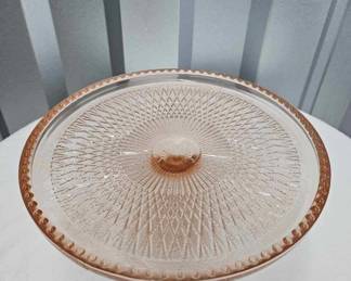 $40 Vintage Jeanette Glass Pink Cake Stand Plate HARPS 1950s 10"