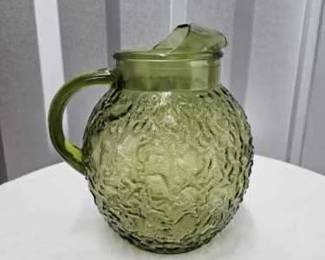 $20 Vintage Anchor Hocking Avocado Green Milano Crinkle Glass Ball Water Tea Pitcher