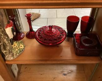 Vintage Red Glass Candy Dish Candle Sticks and Goblets