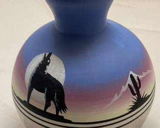 Hand Painted Navajo pottery vase Howling Wolf