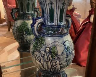 Blue Decorative Ceramic vase with scenes and 2 handles