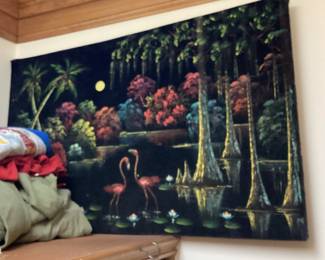 Wall Art Framed black Velvet Flamingos and Cypress trees
