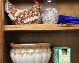 Bowl, Clear Jar, Fabric Rooster