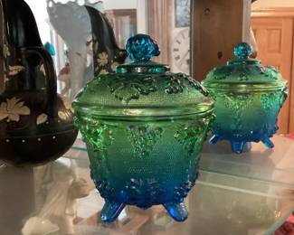Vintage Jeannette Glass Harvest Grpe Bluegreen Candy Dish