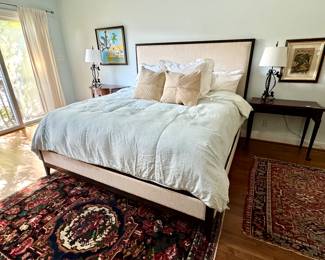 Pottery Barn King Bed, antique rugs , games tables, metal lamps, original art, antique botanicals
