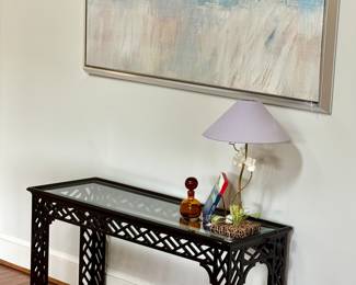 Vintage console, tole floral lamp, 