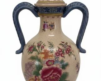 Vintage Ceramic Vase with Floral Motif and Blue Handles 