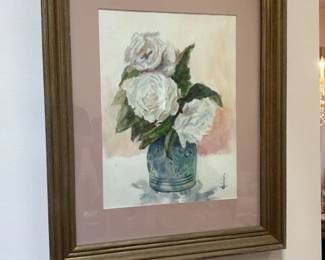 Watercolor Painting of White Roses in a Tin Vase 