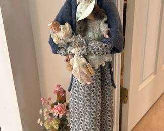 Vintage Rag Doll with Floral Dress and Blue Sweater