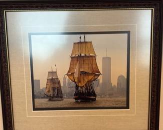 Framed Print of Tall Ships with City Skyline 