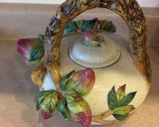 Porcelain Teapot with Tree Branch handle and fruit decoration 
