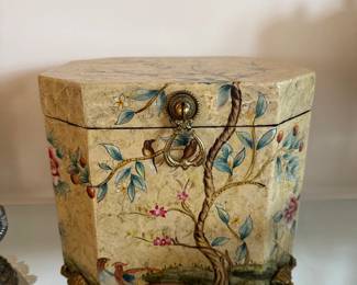 antique jewelry box with vintage floral and bird design 