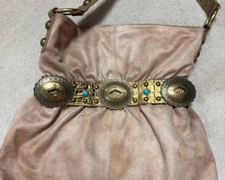 Suede Hobo Bag with Concho Embellishments 